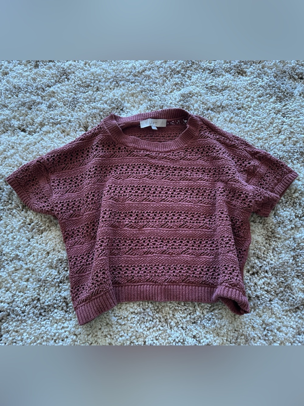 LOFT Mauve Lace-Knit Short Sleeve Crew Sweater